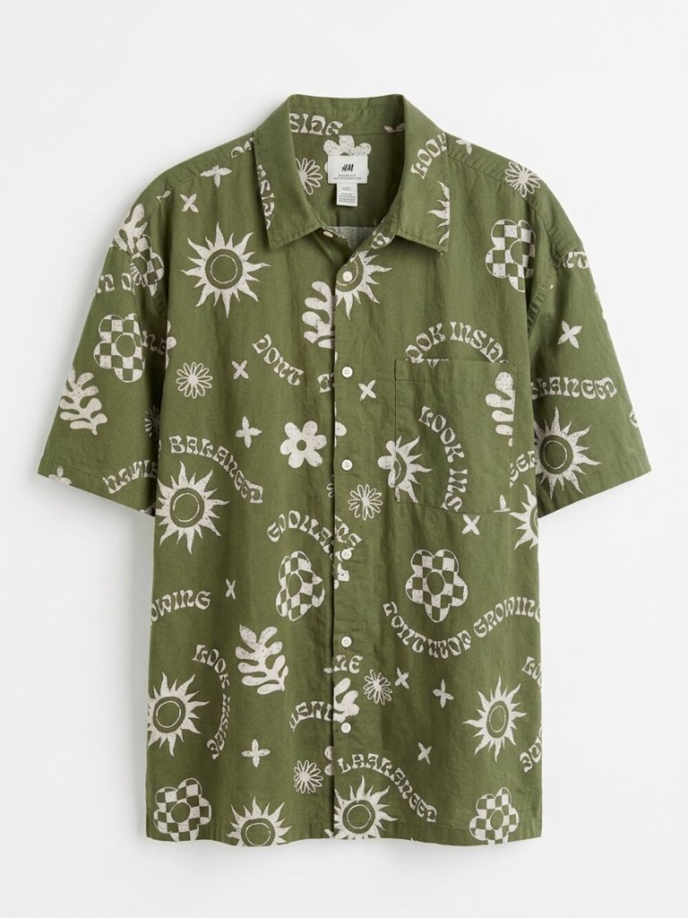 H&M Mens Relaxed Fit Green Printed Short Sleeve Button-Up Shirt XL